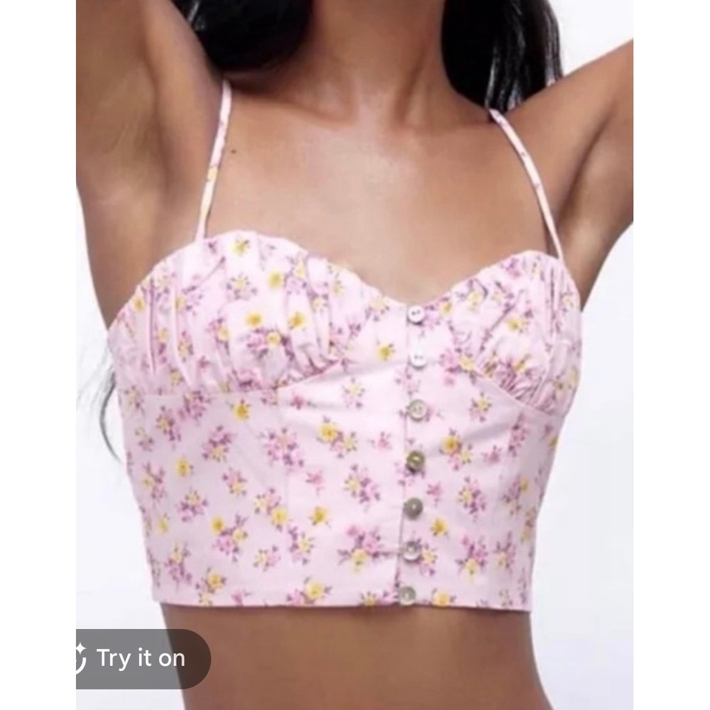 Zara Floral Bustier Crop Top Women Small Pink